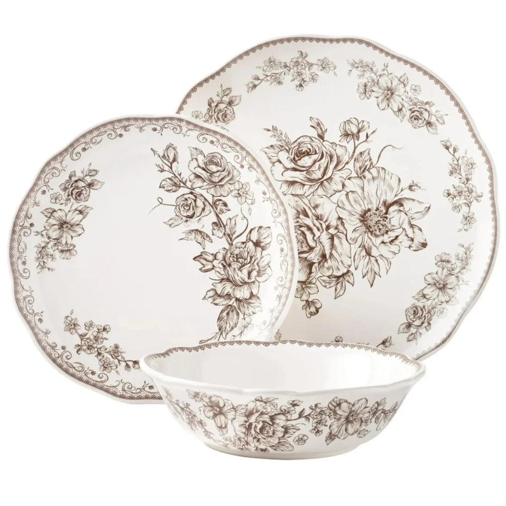 💕 2025 The Pioneer Woman Elegant Agatha Cream and Brown Dinnerware Set